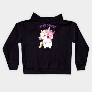 In need of coffee lover coffee addict Funny tired sleepy unicorn Kids Hoodie